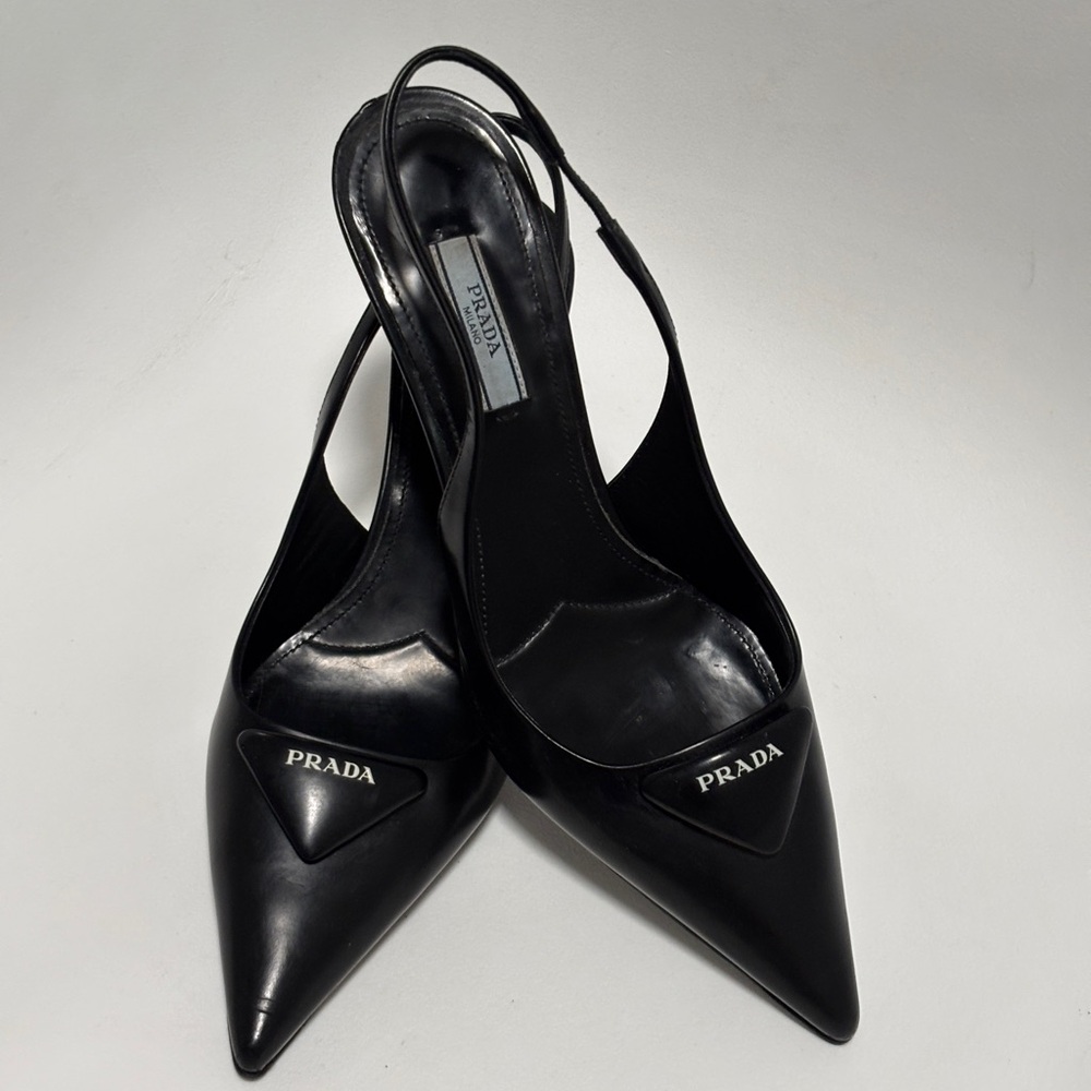 PRADA Pointy Black Pointed SlingBack With Logo Triangle Accent Size 37.5 - Picture 2 of 11